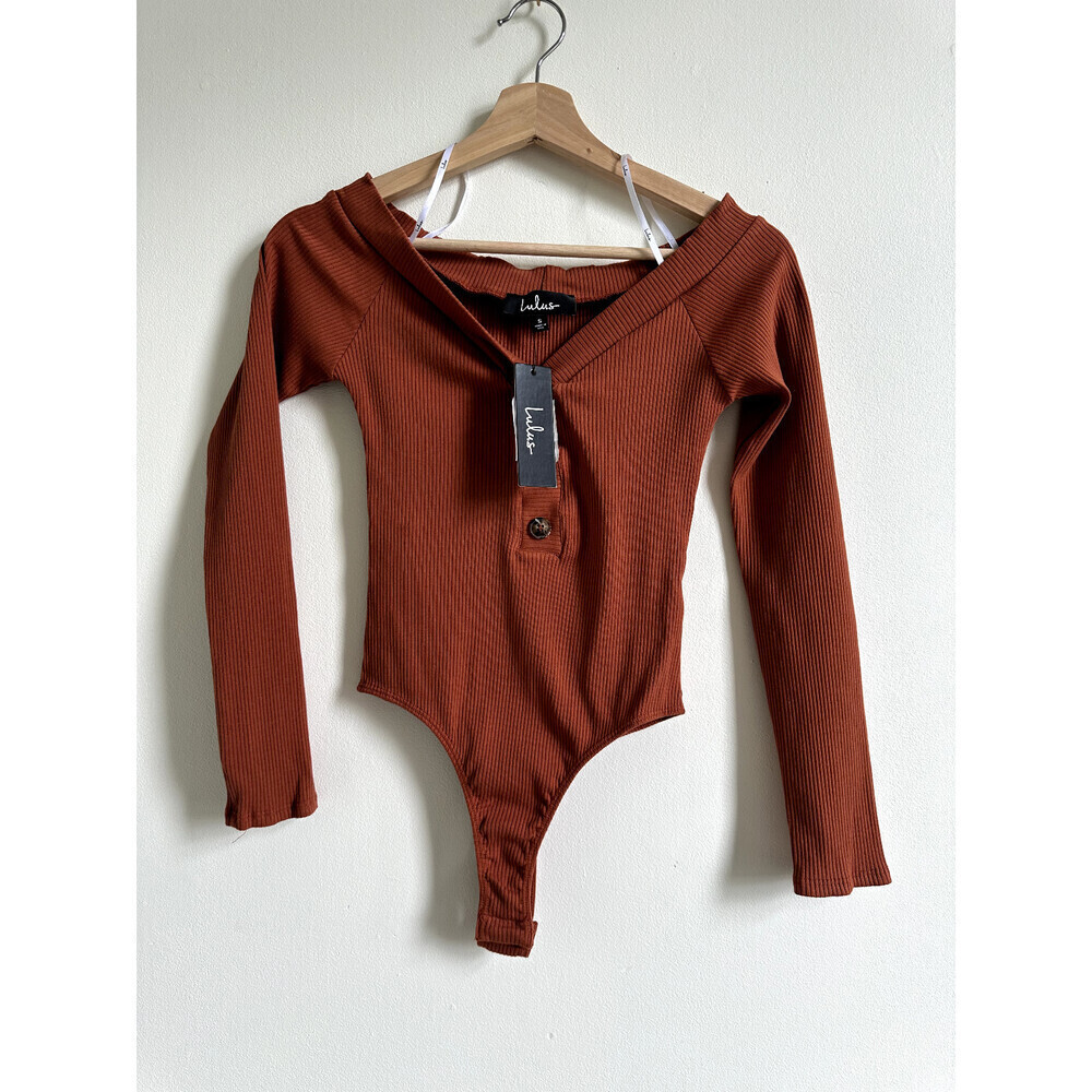 LULUS Lilyth Off The Shoulder Ribbed Bodysuit In Rust Size S - Picture 3 of 13